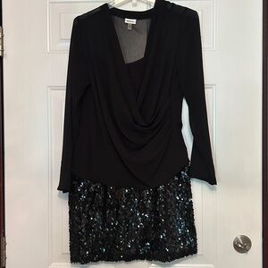 DKNY SHIFT Cocktail Party Dress Black Sequin Skirt MED Draped Neck Formal Bridal